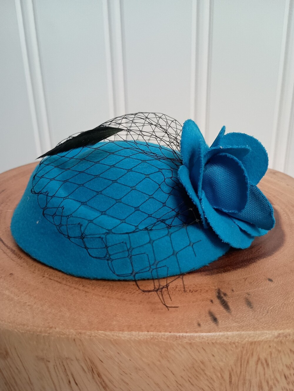 Fun!- Blue Floral Veil Pillbox Hat w/ Feather- Barrette Clip
